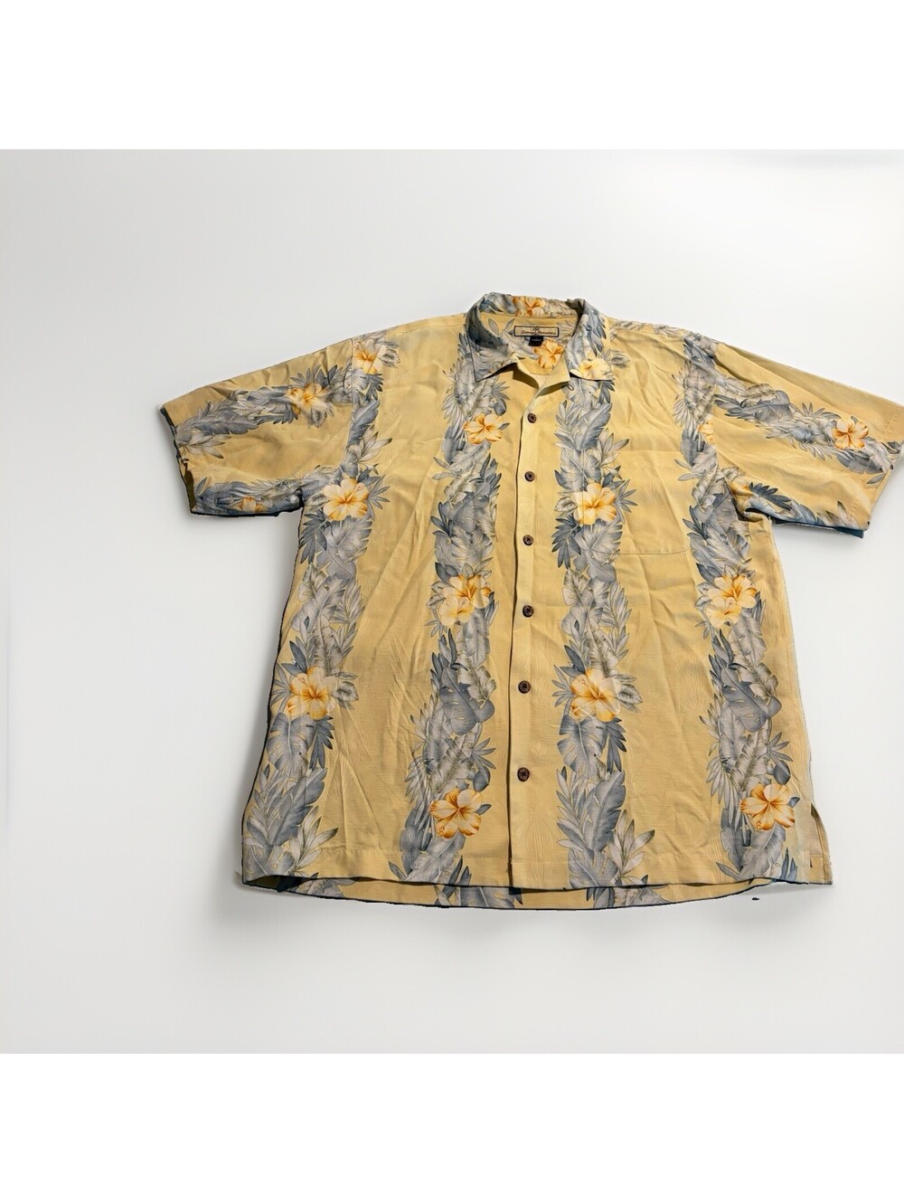 Tommy Bahama Hawaiian Shirt Mens Large Yellow  Floral Camp 100% Silk